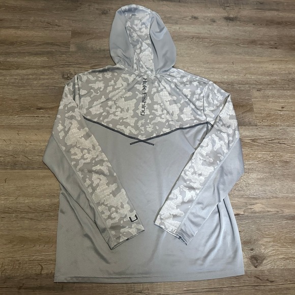 Huk Fishing Mens Grey Camo Performance Hoodie Long Sleeve Sun Shirt Size M - Picture 7 of 9